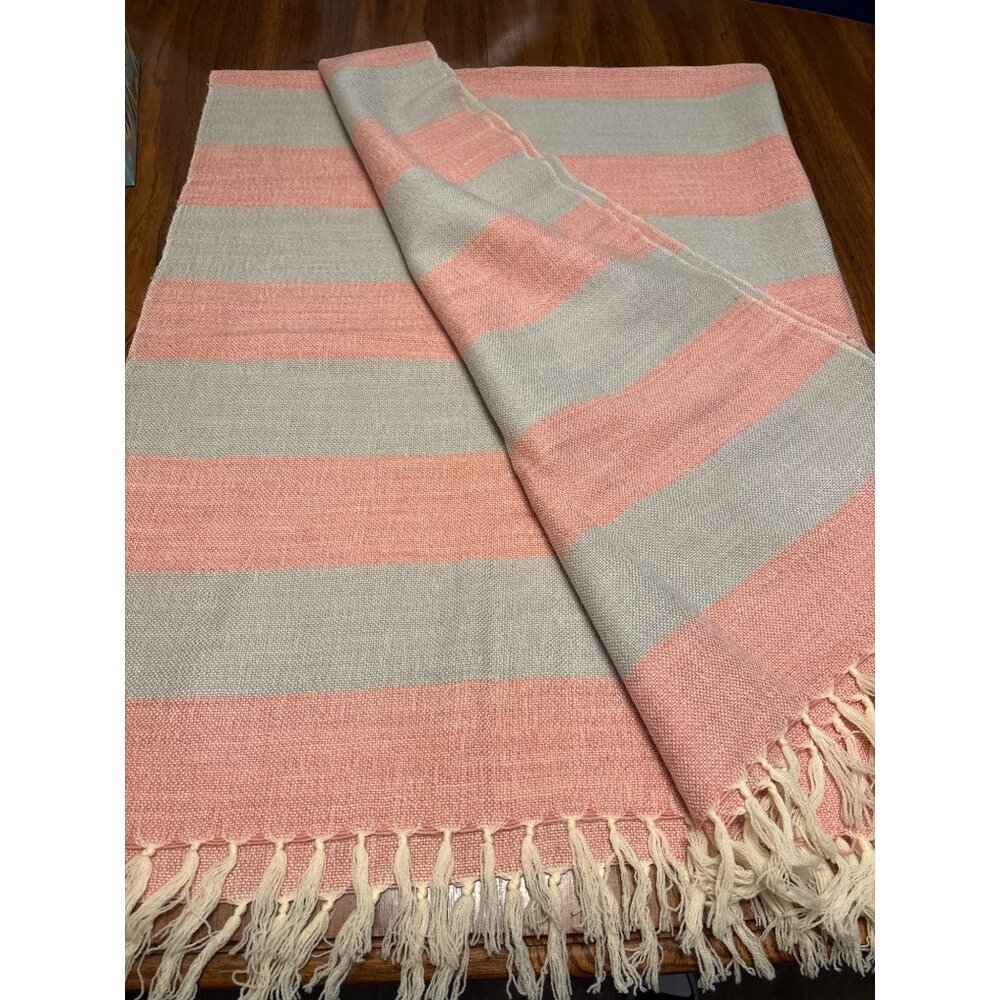 Means Weave Striped Wool Throw Blanket‎ Pink Gray 70x50" 1920's